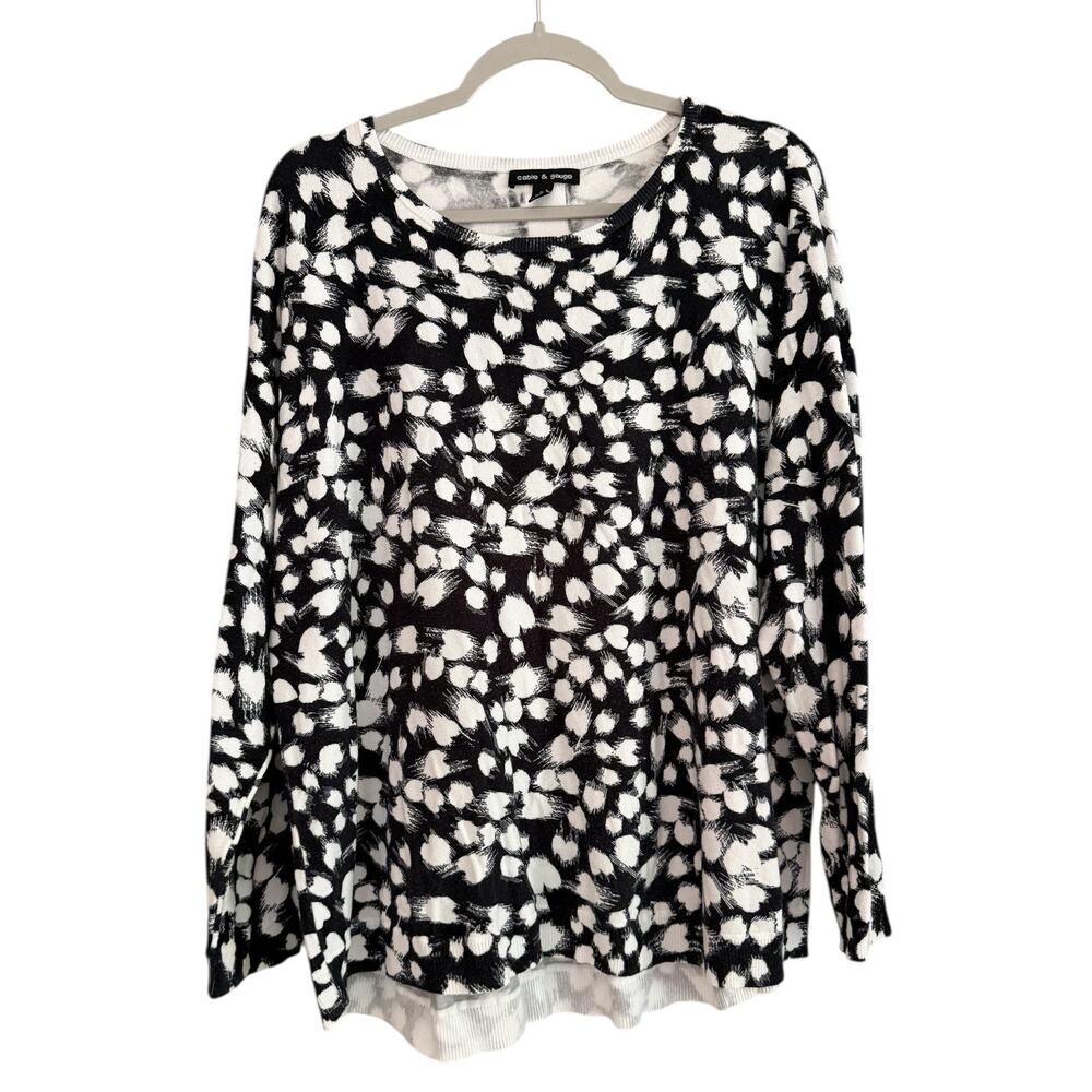 Cable & Gauge 2X White Black Rayon Lightweight LS Sweater Back Button All Season